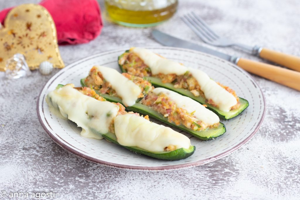 stuffed zucchini with ham, provolone, and vegetables