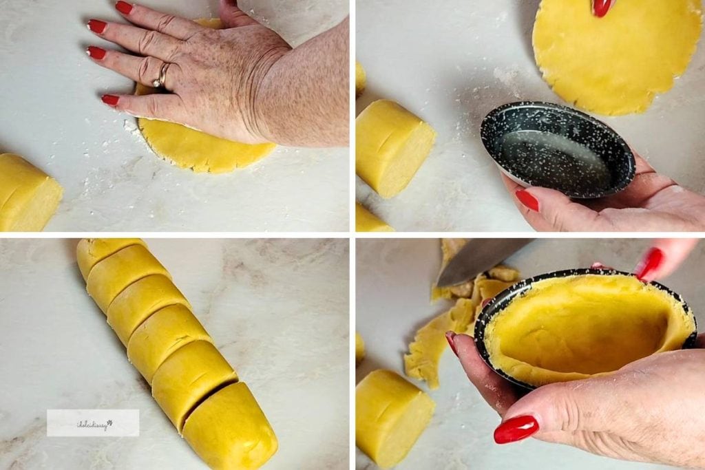 Steps to form the pasticciotti: divide the dough, roll it out, line the mold and fill with cream and sour cherries.