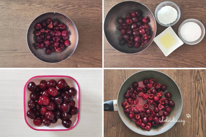 Preparation of the filling: fresh pitted cherries, sugar, cornstarch, and lemon juice, cooking in a pan for filling – idolcidisusy