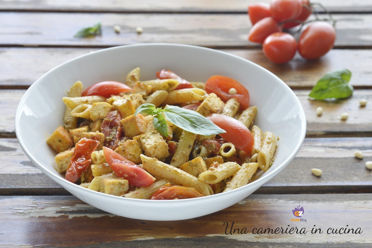 Whole Wheat Pasta with Tofu, Cherry Tomatoes, and Pesto