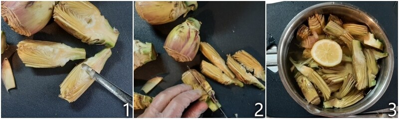 a. clean and cut artichokes into slices