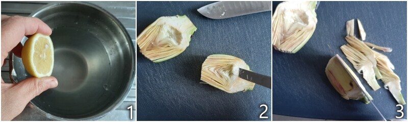 thinly slicing the artichokes to eat them raw