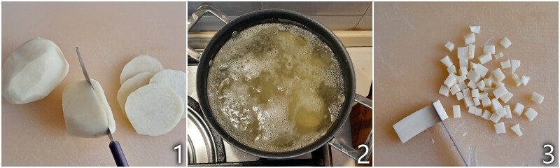 a. blanch the sliced potatoes