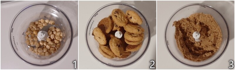 a. blend cookies and hazelnuts to make the chocolate coffee cake base
