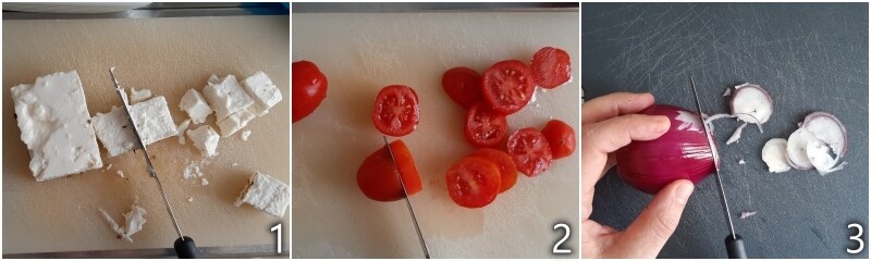 a. cut feta into cubes and vegetables into pieces
