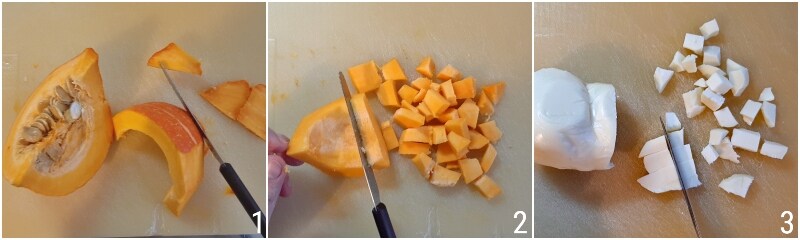 a. cut hokkaido pumpkin and provola into cubes
