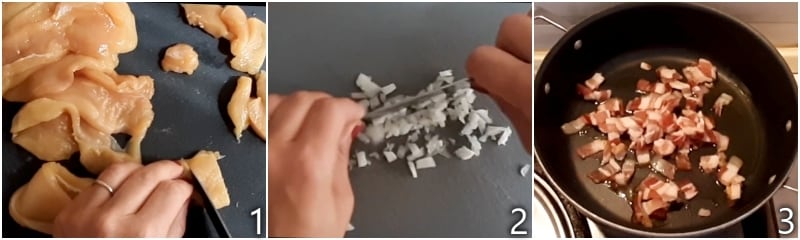 a. cut the chicken into pieces and chop the onion