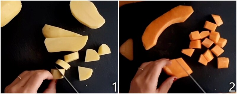 a. cutting pumpkin and potatoes into cubes
