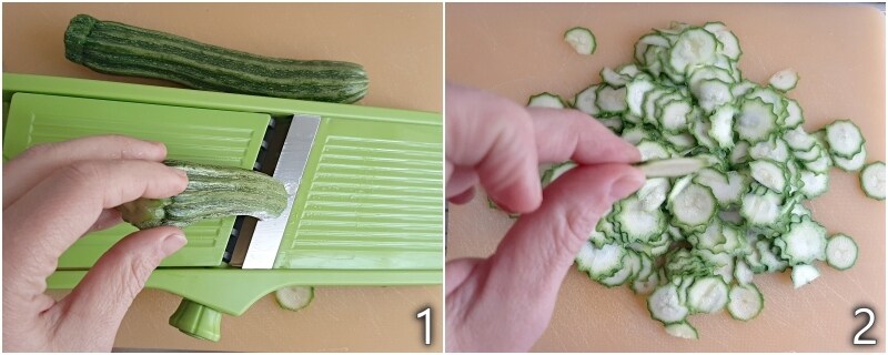 a. slice the zucchinis very thinly with mandoline