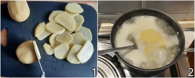 a. slicing and blanching the potatoes for gratin