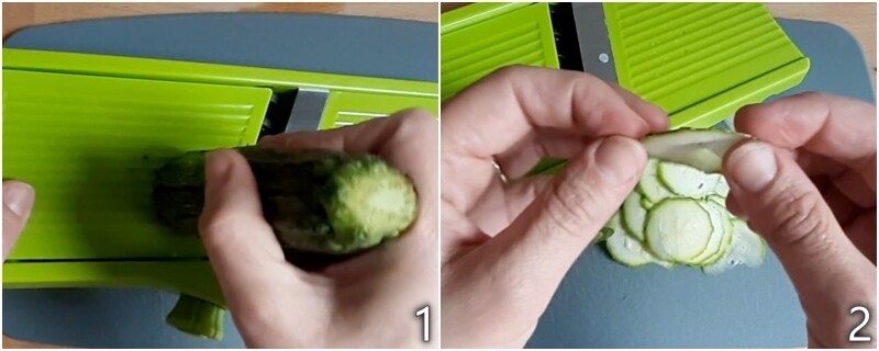 a. slicing zucchini thin with a mandoline