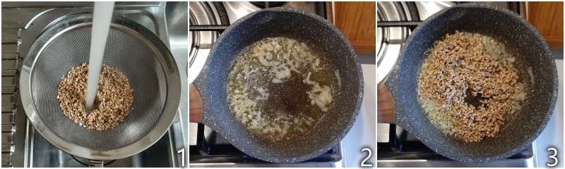 a. toast the buckwheat grains with the onion