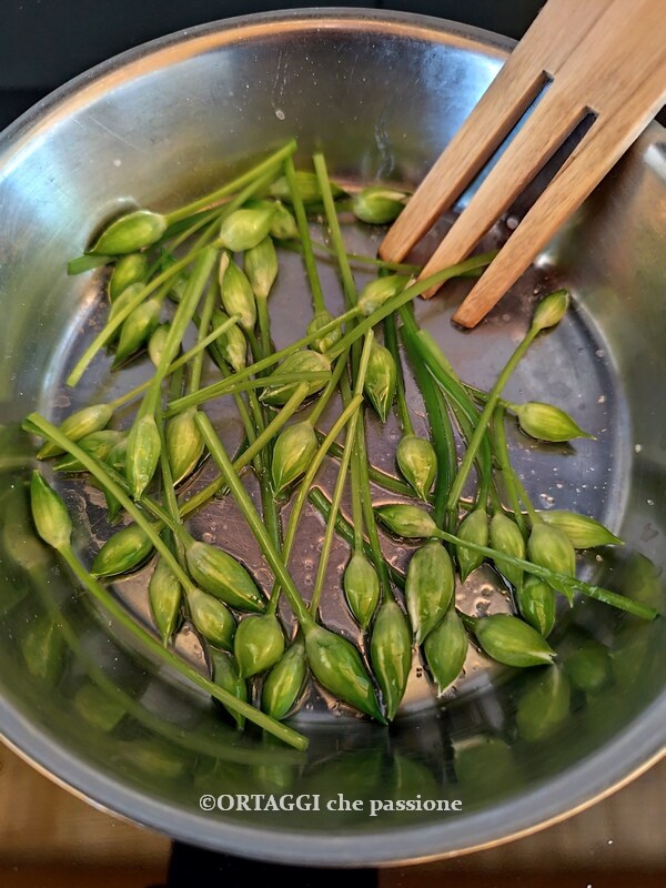 wild garlic buds in a pan