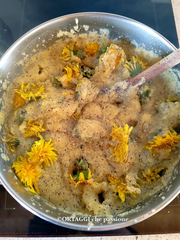 add the flowers to the polenta
