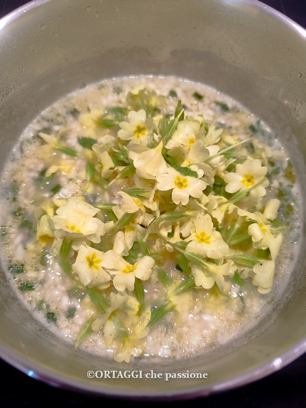add the flowers to the primrose risotto
