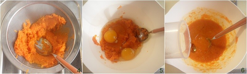 add liquid ingredients to the pumpkin pulp for preparing the savory cake