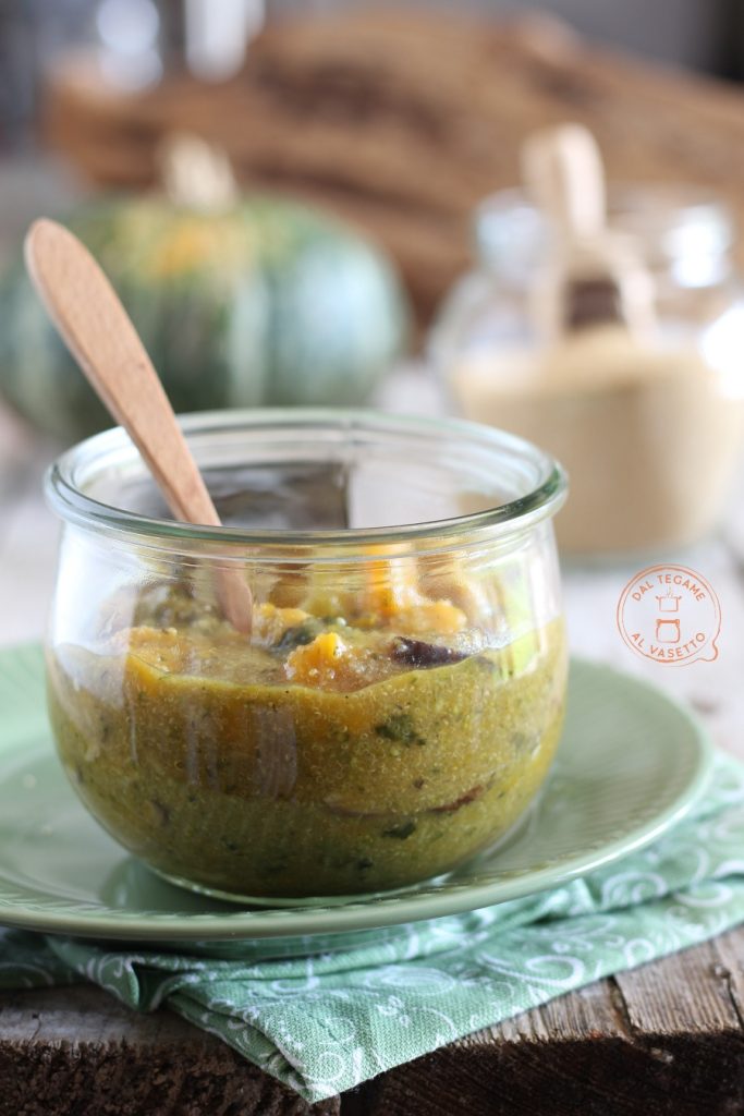 amaranth with broccoli and mushrooms in jar cooking in the microwave
