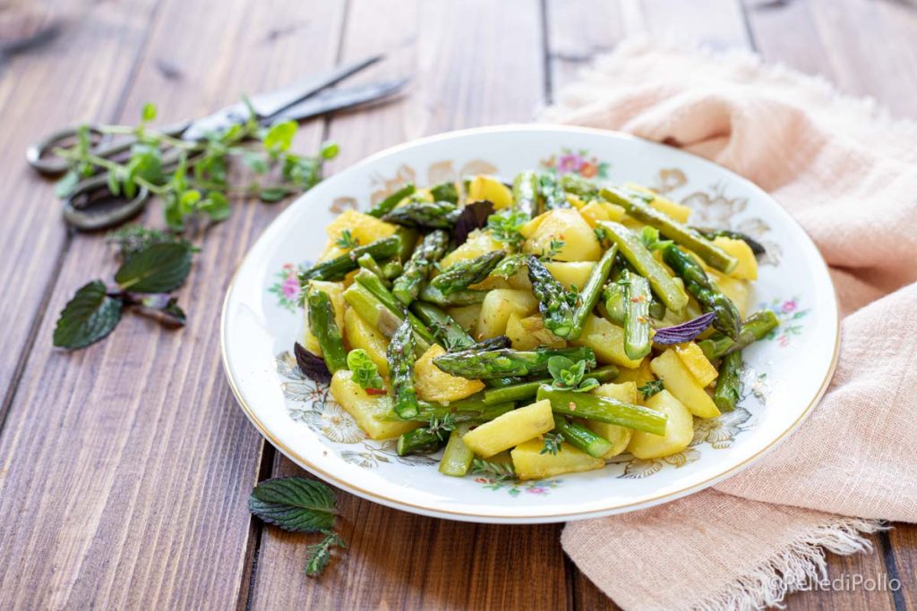 asparagus and potatoes in a pan