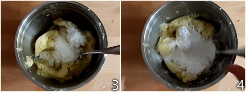 b. add parmesan pecorino and flour to the boiled potatoes