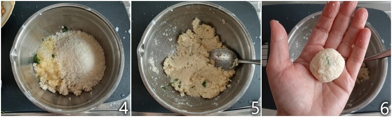 b. add the pecorino and eggs to the bread crumbs