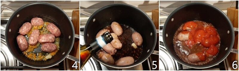 b. brown the sausages with the sauté
