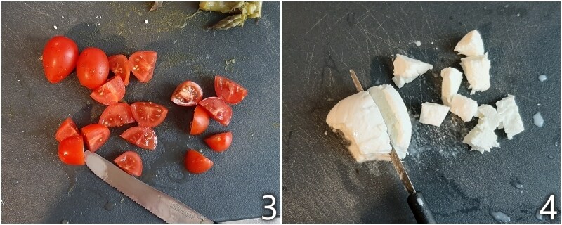 b. cut the cherry tomatoes and buffalo mozzarella into pieces