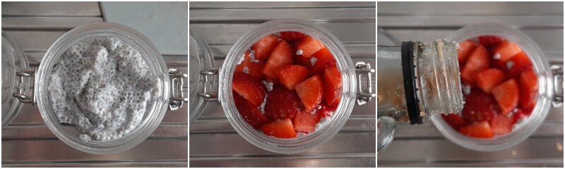 b. layer the overnight chia pudding with strawberries
