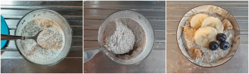 b. prepare the overnight chia pudding and garnish with bananas and blueberries