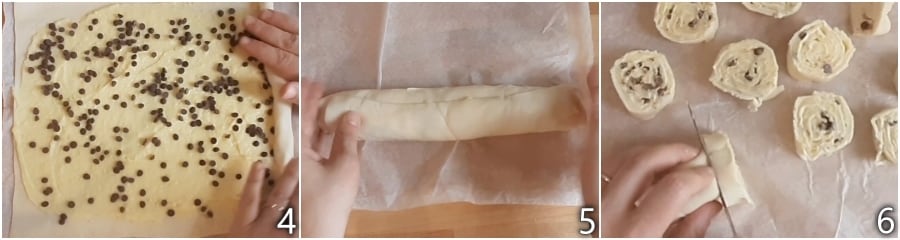 b. rolling and cutting the puff pastry into rolls