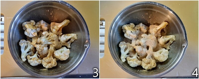 b. season the cauliflower florets with spices and breadcrumbs