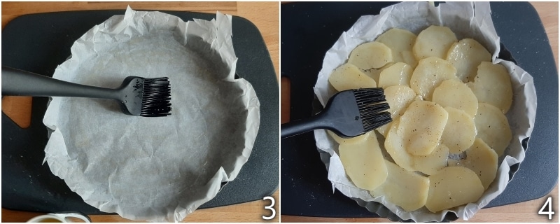 b. seasoning the potatoes with butter and parmesan