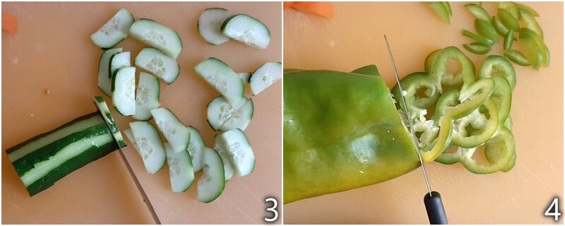 b. slicing the cucumber and green bell pepper