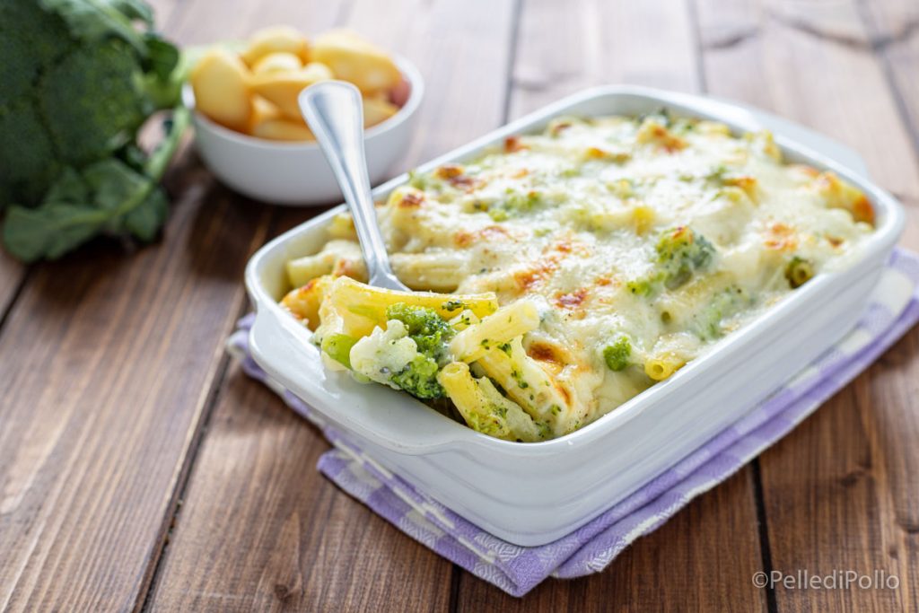 baked pasta with broccoli, cauliflower, and scamorza