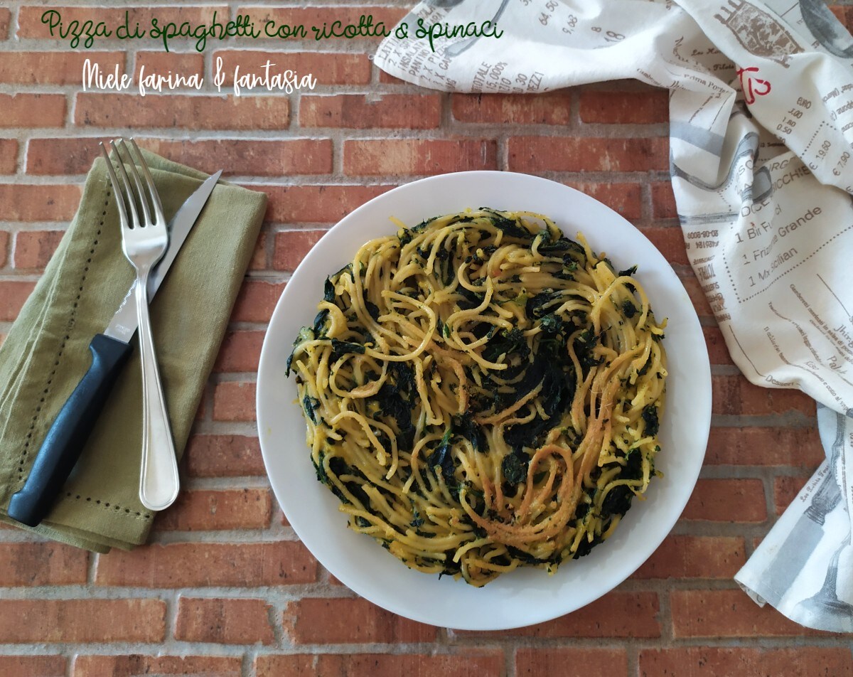 Baked Spaghetti Pizza with Spinach and Ricotta