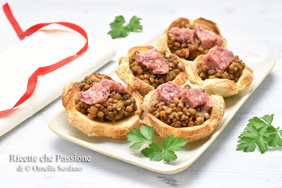 Lucky New Year’s Lentil and Cotechino Baskets Appetizer