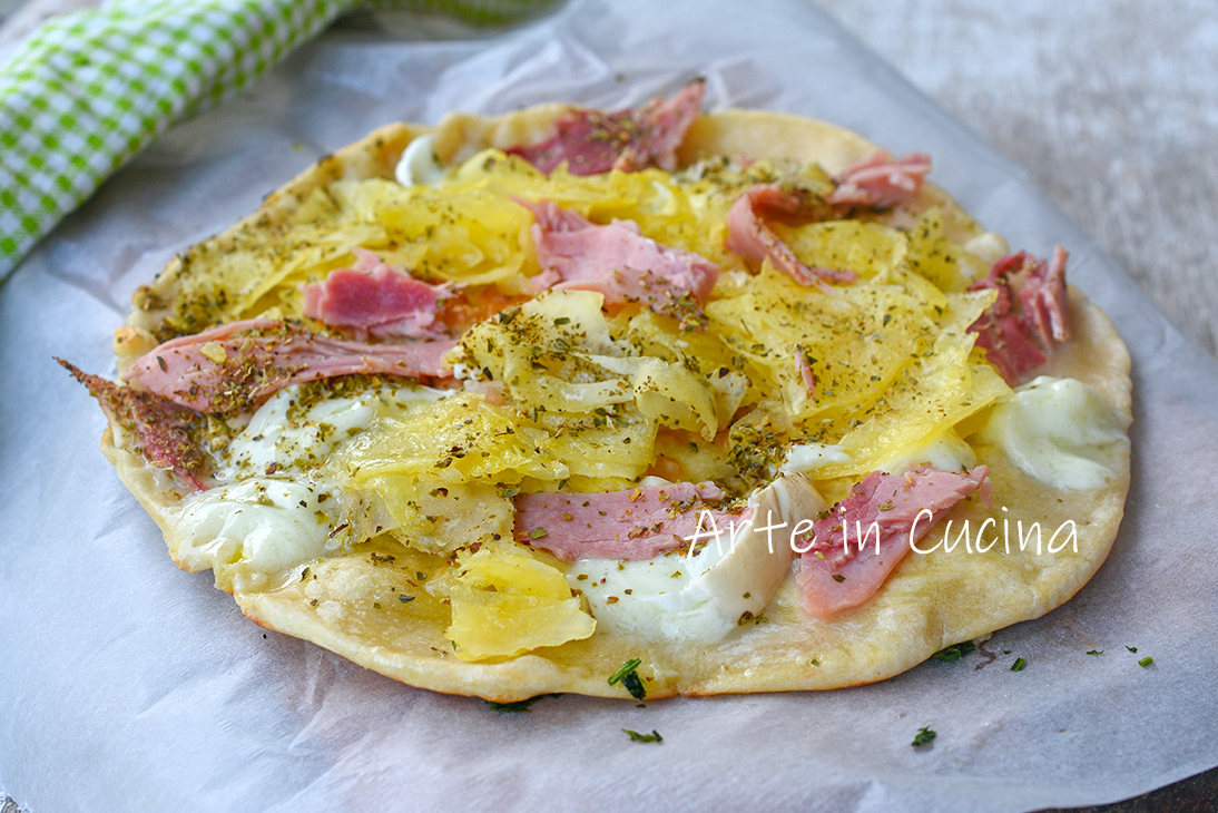 Bread Pizza with Ham and Potatoes in a Pan