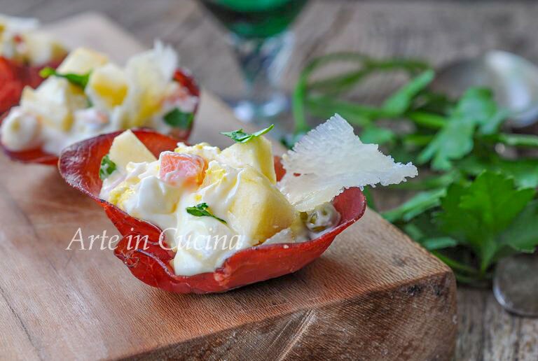 Bresaola baskets with Russian salad Christmas appetizer