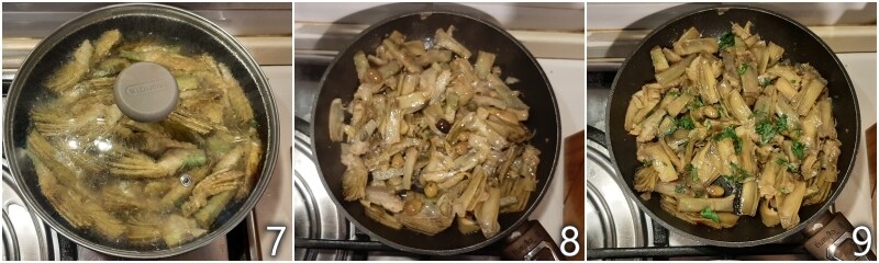 c. add capers, olives, and parsley to artichokes in the pan