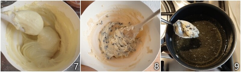 c. add chocolate chips to the zeppole dough