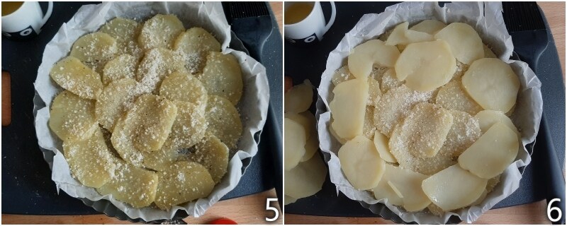 c. arranging the potato slices in the dish in layers