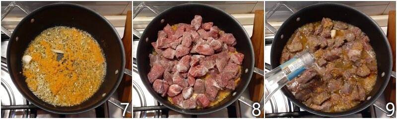 c. brown the stew and deglaze with white wine