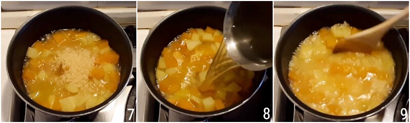 c. cook the rice in the potato and pumpkin soup