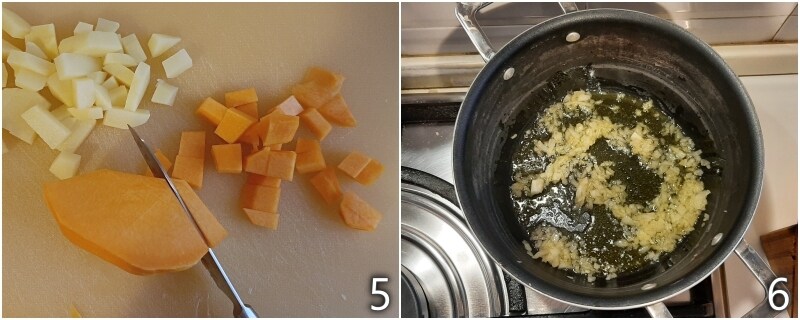 c. cutting pumpkin into cubes for soup with potatoes and beans
