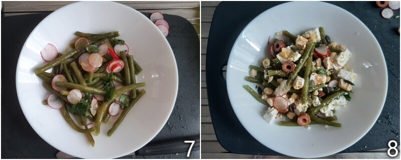 c. dressing the boiled green beans with feta, olives, and crumbled taralli
