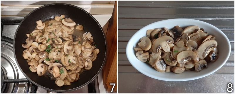 c. place the cooked mushrooms in a dish with butter and parmesan