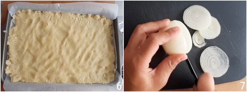 c. spread the dough and slice the onions