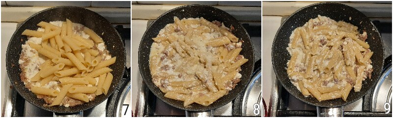 c. tossing the pasta alla norcina with parmesan