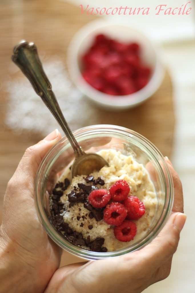 porridge with oat flakes and plant-based milk in canning jar in the microwave