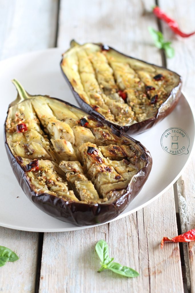 cut and seasoned eggplants cooked in microwave