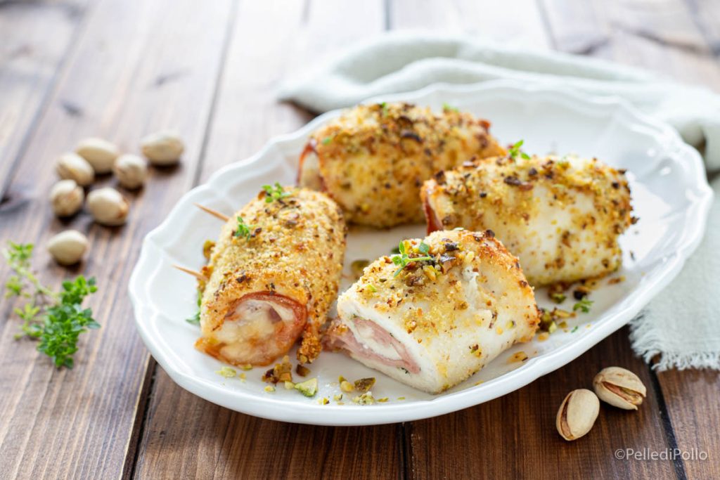 chicken rolls with mortadella and pistachios